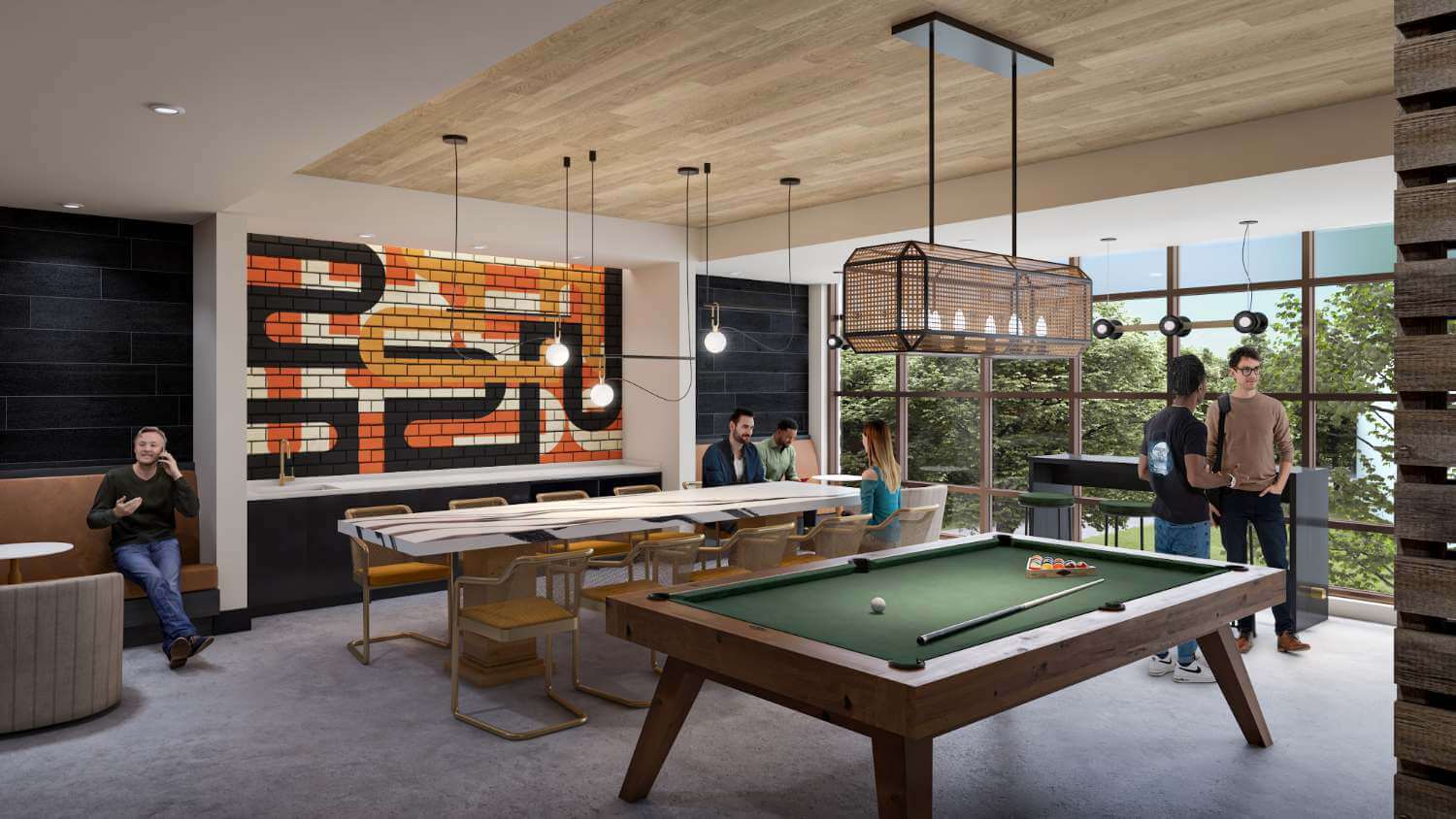 clubhouse with pool table, lounge seating, and floor to ceiling windows